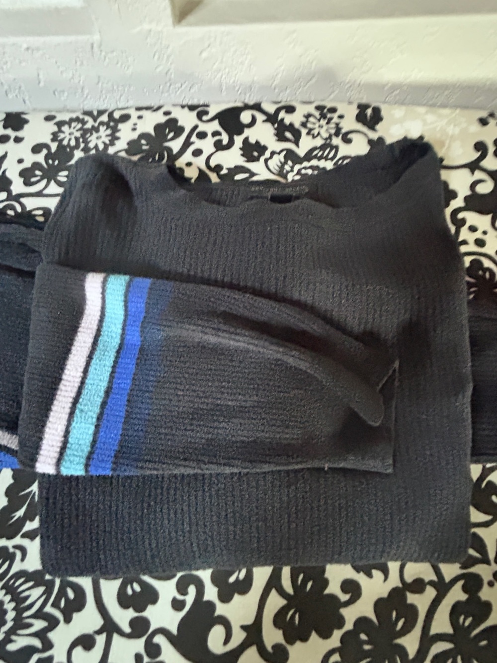 Barefoot Dreams Black Crewneck Sweater with Blue Stripe Sleeve